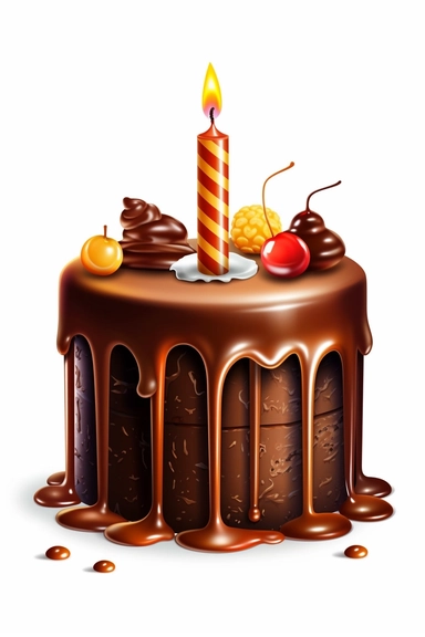 delicious chocolate cake with a birthday candle vector clip rt, on a solid white background with no shadows or shadding, tshirt design, vector artwork, white background, clean design