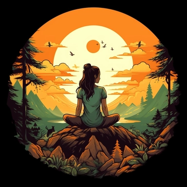 t shirt design of girl meditating on a hill while the sunset with trees around her and animals, Clipart