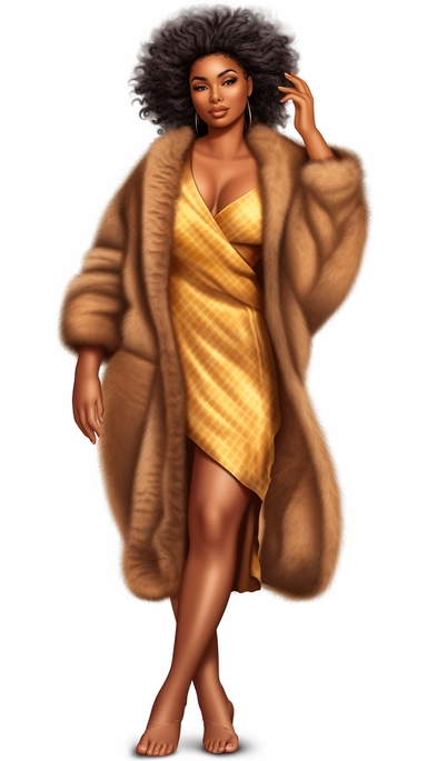 young gorgeous curvy black woman caramel skin, full body, spa day, fur slippers, clipart in the style of digital airbrushing, feminine sticker art, dollcore, realistic face, realistic body, glamorous, 8k