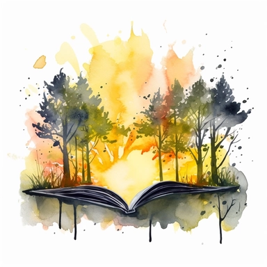 yellow watercolour image of magical forest coming out of a book clipart, vector image