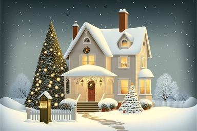Stunning Vector clip art Christmas scene. frosty winter evening. The Christmas scene is one of festive cheer, as a cozy house is adorned with twinkling Christmas lights and colorful decorations. A tall Christmas tree with ornaments, gifts, decorations stands proudly in the front yard, its branches glistening with snow. The house itself is a picture of holiday cheer. Its windows are adorned with wreaths and garlands, and a wisp of smoke curls from the chimney. The front door is painted a cheery r