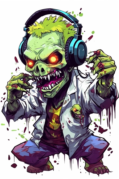 cute Zombie playing video game, wearing headphones, playstation, very vibrant colors, cartoon style, white background, clipart, colorful, HD