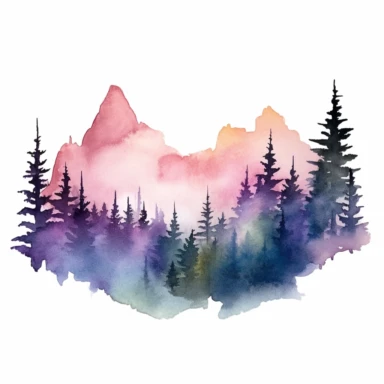 misty mountains in the distance, tall forest trees, watercolor clipart, bright colors, minimalist, isolated white background, 8k