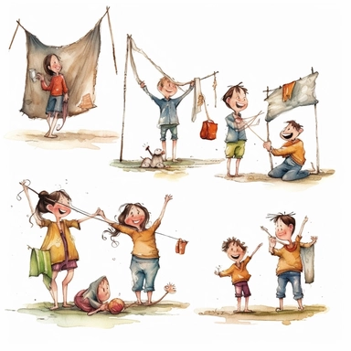 multiple poses characters of family enjoy with Clothesline, watercolor in medieval cartoon grunge style clipart on white background