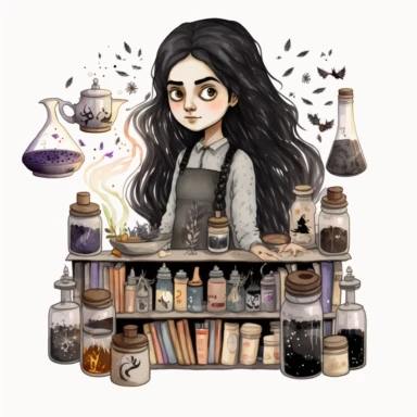 Beautiful alchemist girl, symmetrical eyes, black long hair, cat, shelves of old books, brazier, metal pots, jars of potions, jars of herbs, decorated with stars, children illustration, watercolor image, hannah dale style, watercolor, white background, clipart,high quality, 8k, witchy girl