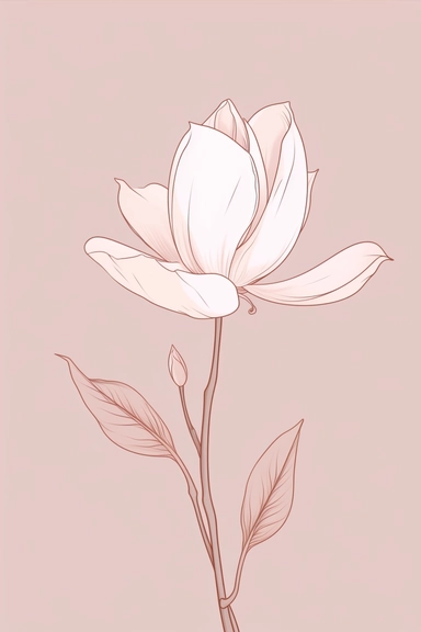 hyper minimal single line drawing magnolia illustration in watercolor style clipart, isolated, soft colors, feminine,