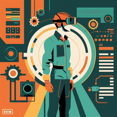 worker wearing vr headset, man, standing in an assembly plant, gauges, coding, vr developer, virtual reality, poster, simplistic, abstract, vector, 2d illustration, clipart, few colors