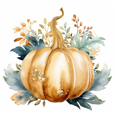 Watercolor pastel velvet boho pumpkin with gold ornate watercolor sitting on pumpkin leaves white background. clipart