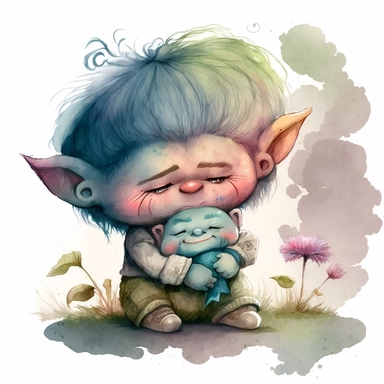 a watercolor clip art character illustration that combines the innocent and angelic expression of Precious Moments with the mischievous and magical attributes of Trolls, comforting another troll character who is feeling sad or down, demonstrating empathy and compassion., white background.