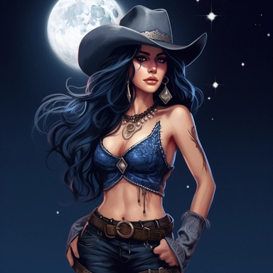 Beautiful cowgirl with long dark blue hair holding her hat, half moon behind her, dark sky with star background, illustration, procreate digital paiting, fanart, cartoonist, western dress blue, blue corset, clipart