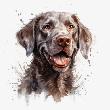 cute Slovakian Rough-haired Pointer dog portrait, full face, centered shot, side shot, dynamically posed, in action, playful mood, happy mood, playing mood, cute face, adorable smile, childlike eyes, clean watercolor illustration, white background, nursery baby imagery, painting, detailed, 8k, PNG, clipart,