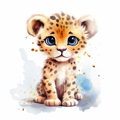 a colorful baby leopard with kind eyes clipart with watercolor illustration,full body shot,8k,etsy style, white background