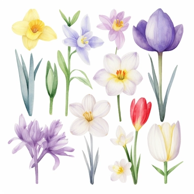 Blooming flowers: Tulips, daffodils, cherry blossoms, crocuses, and hyacinths. Watercolour Clipart, minimalist, isolated white background, 8k , high quality