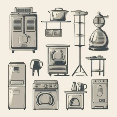 Household Equipment - Industrial Style, clipart bundle, vector logo, vector art, vintage color style, white background simple, cartoon, 2d