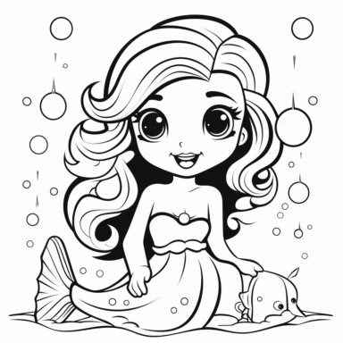 a very simple black and white coloring page for toddlers 2 to 4 years old of The Little Mermaid flat art clean vector art clipart