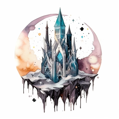 creepy magic crystals with crescent moon and stars clipart, fantasy, detailed, white background, illustration painting, collaged constructions, digital art, watercolor, in the style of sculptural and geometric, forced perspective drawings, Geometric brushstrokes form an intriguingly abstract, painterly figure