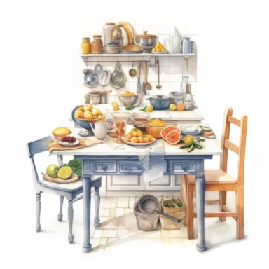 watercolor, hyper realistic, white background, white margins, 16k, ultra detailed clipart, cut out image, hand-drawn a kitchen table with various items on it, in the style of angela barrett,