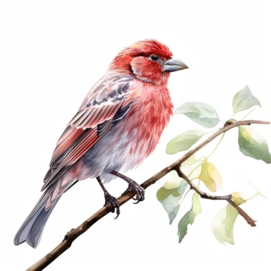 Lifelike watercolor painting of a house finch sitting on a branch with leaves with no shadow, on a white background. clipart
