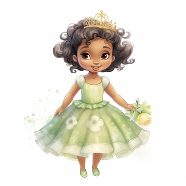 Toddler princess tiana cartoon watercolor, round face delicate her long hair sharp and detailed her outfit like the original princess, character should be well drawn with soft tones a very clear smile confident and a head lightly painted in watercolor the character is a one year old baby should be on a white background clipart