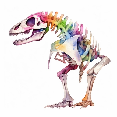 Watercolor dinosaur skeleton clipart, white isolated background, space out, hd