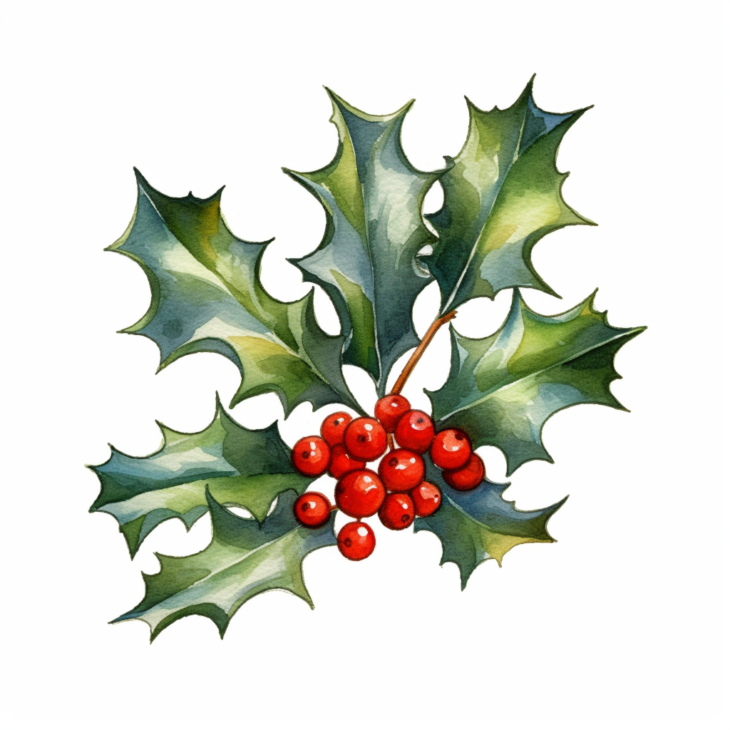 Christmas Holly Watercolour Clipart, Bright Colours, Isolated White 