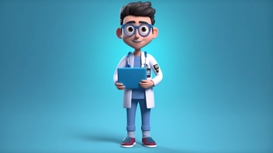 3d render, cartoon character smart trustworthy doctor wears glasses and holds blue clipboard. Professional caucasian male specialist. Medical clip art isolated on blue background. Hospital assistant