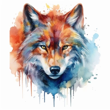 A wolf's head or a full-body image, symbolizing strength, courage, and leadership, fire, watercolor art, clipart