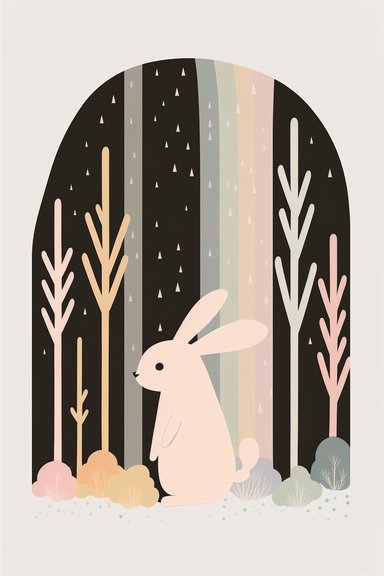 *<https://s.mj.run/VafKh_OyowI> Mary Blair style, minimalistic nordic style single clipart, single black rainbow baby bunny in enchanted forest background, minimalistic pastel pink color palette,