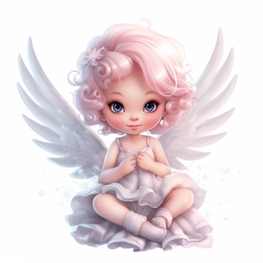 Adorable little fairy with pastel pink wings, sitting on a cloud, illuminating the scene with a delightful expression, deep, captivating eyes, and sparkling wings, against a white backdrop with deep, contrasting colors. on white background, clipart