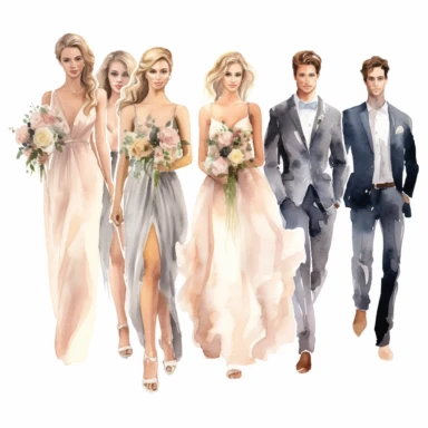 Watercolor wedding party clipart, bridesmaids, maid of honor, best man, high details, white background, 8k,