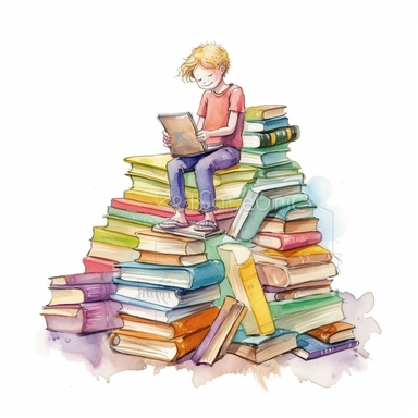 beautiful watercolor clipart of an idyllic book reading nook with a young child holding a pile of books, fun pastel hues, compositions on an isolated white background. Bright illustration, highly detailed