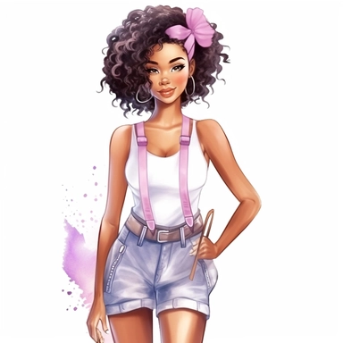 pretty African American girl model water color character clipart, cute girl wearing modern style clothing realistic digital art, white background, s1000