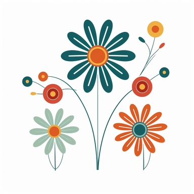 1970s retro vintage simple flower clipart, vector, white background