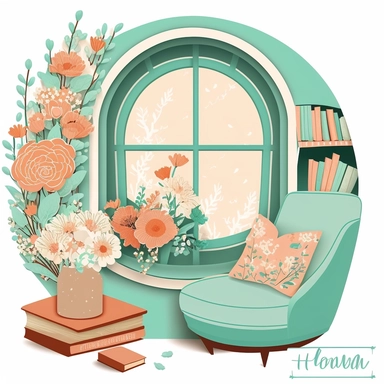Bookworm cozy reading corner, flowers, window, mint and peach color, clipart