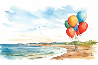 Watercolor, Illustrate a tranquil beach setting with balloons gently floating over the water. clipart, hd, on a white background, spaced out