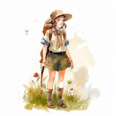 Watercolor-style clipart featuring vintage illustration, clipart, a scout girl, cute, full body, in nature