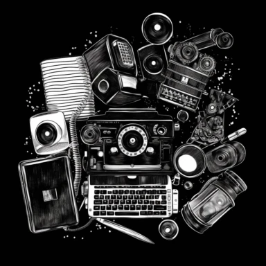 black and white clip art collage of movie camera, film reel, notebook, script, laptop, microphone, headphones on black background