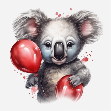 happy koala bear with red balloons, detailed, big eyes, realistic, impressionist, clip art