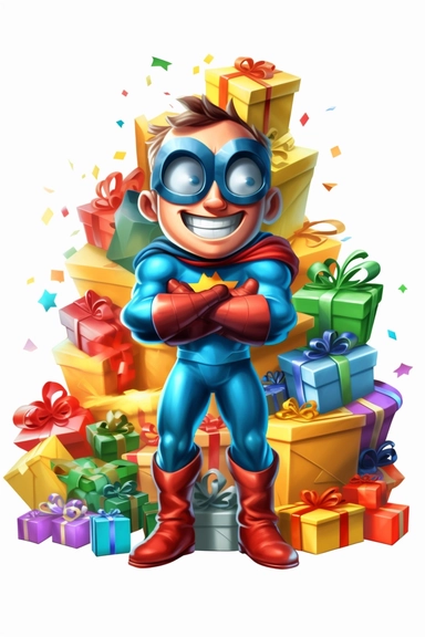 Create a clipart image of a superhero character receiving birthday presents. Depict the superhero character surrounded by beautifully wrapped gifts of different sizes and shapes. Include a joyful expression and a white background.