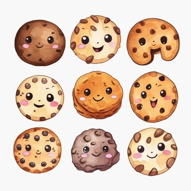 individual chocolate chip cookie kawaii clipart set of 12, flat, watercolor, minimalist, natural colors, isolated, white background, 8k, v5.1