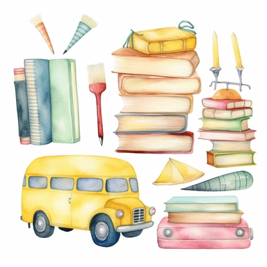 soft pastel watercolor clipart set, school bus, bag, books, pencil , cute, only white background