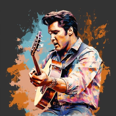 portrait view, full view, beautiful colors, beautiful image of Elvis Presley with guitar and microphone, romantic, fantasy, sharp focus, high detail, 8k illustration clipart style, transparent background, (--iw 8)