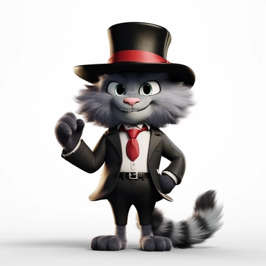 a happy mafia cat, arms folded, fedora hat, ears coming through the hat, long fluffy tail, full body image, pixar style, clipart
