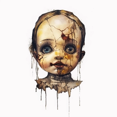 a headshot showing the scary face of a possessed antique doll with cracks, watercolor, ultra high-detail, dark outlines, clipart