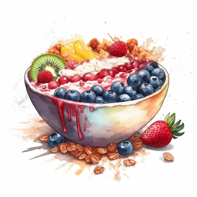 A watercolor clipart of a colorful smoothie bowl with toppings like granola, coconut flakes, and berries. The colors should be vibrant and fresh, and the details should be crisp enough to show the different layers and textures. The background could be a light wash of color to make the smoothie bowl stand out, white background