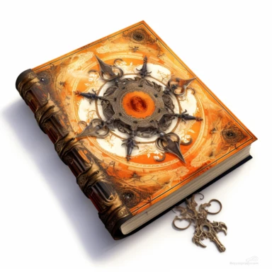 A beautifully patterned creepy grimoire spellbook in varying hues of captivating orange, D&D item, stunningly beautiful, refined and sophisticated, Hand drawn, Roberto Ferri, Clipart, watercolor, white background, intricate detail, 45 degree angle