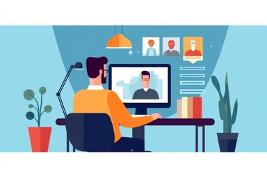 a man is doing a video conference on a computer, in the style of animated illustrations, clipart style, vector, minimal