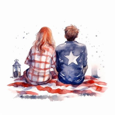 American girl and her boyfriend of 2 watching stars, Patriotic theme, sitting on blanket, view from behind, clipart, watercolor vector beautiful, isolated on white background