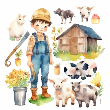 watercolor farm adorable boy clipart white background