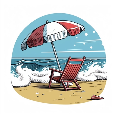 clipart style, cartoon style, beach umberella and beach chair sitting on the shore as waves roll in, white background